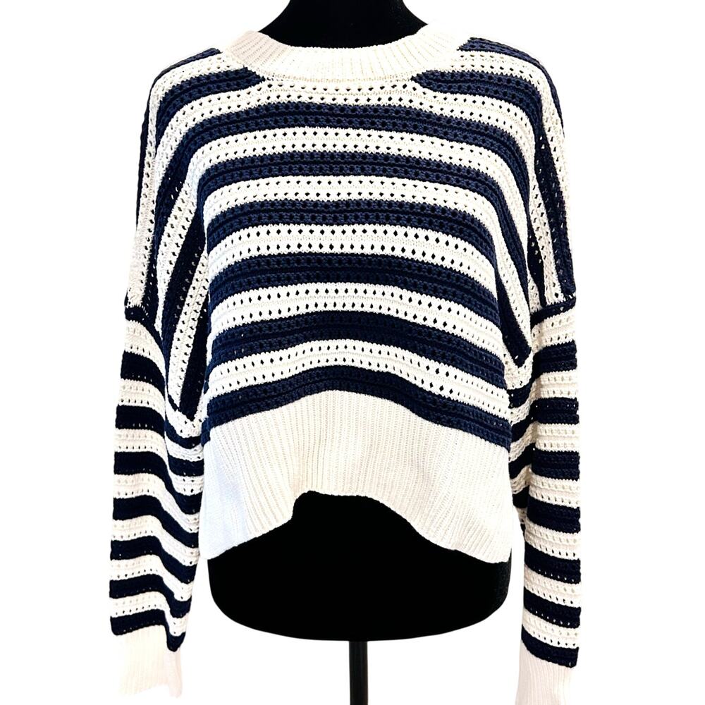 NWOT Moon & Madison Striped Cropped Sweater M Navy White Cotton Knit